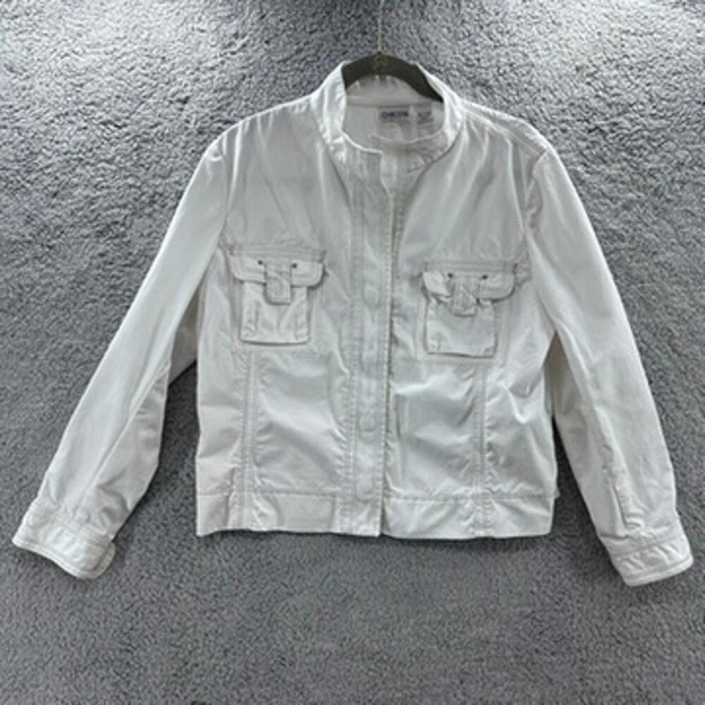 Chico's Lightweight Jacket Size 2 Long Sleeves Snaps White‎ with Tan Stitching